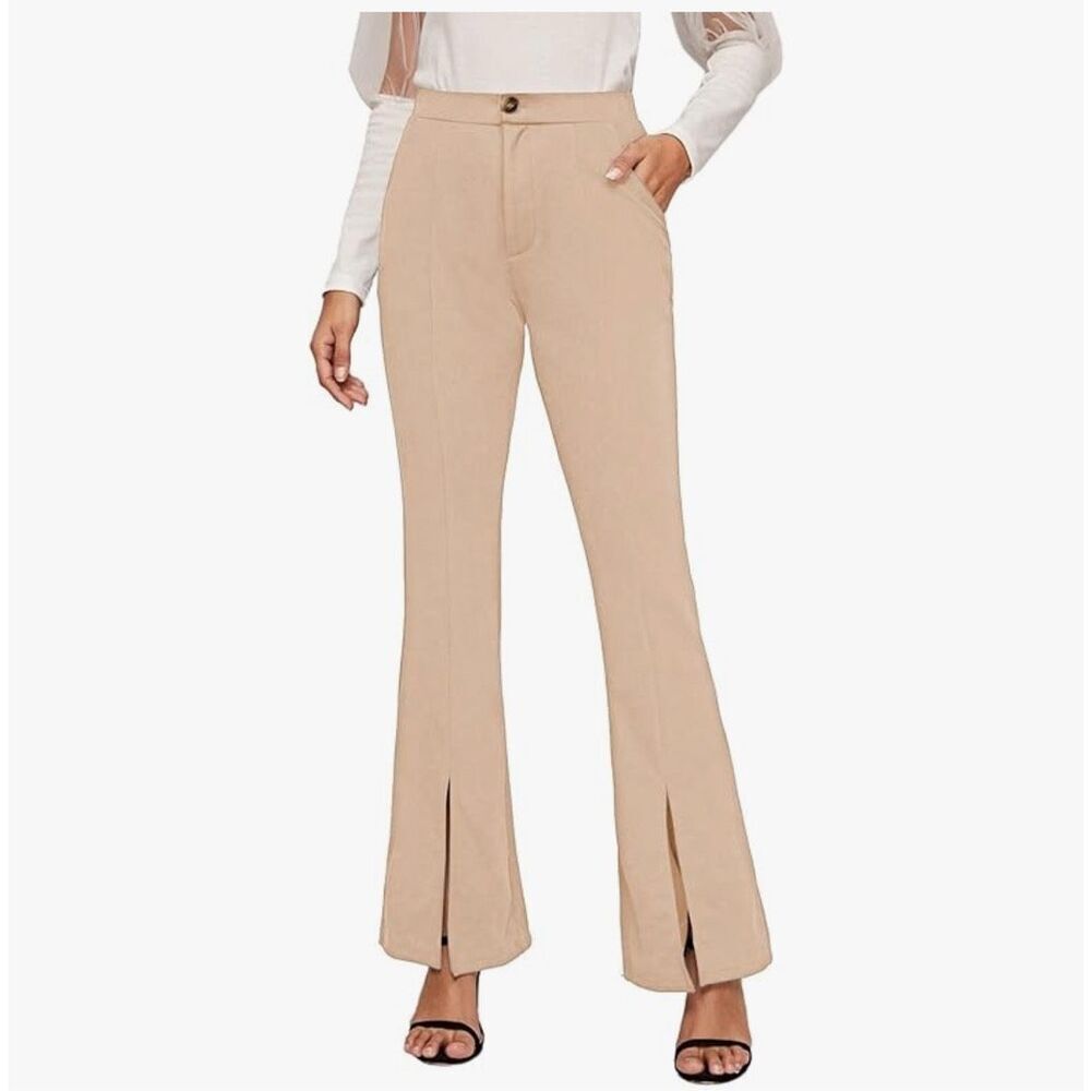 NEW Beige High Waisted Casual Flare Pants Slim Stretch Career Pants L